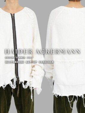 HAIDER ACKERMANN White Distressed Cotton Cashmere Zip Cardigan Sz M